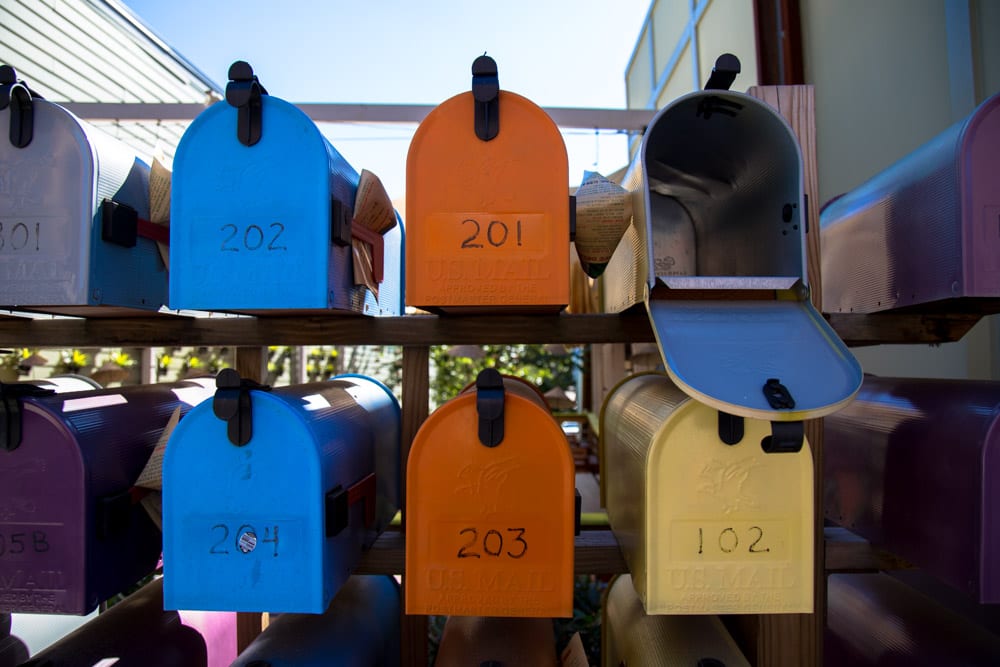 close up of colored mailboxes in Nashville, TN