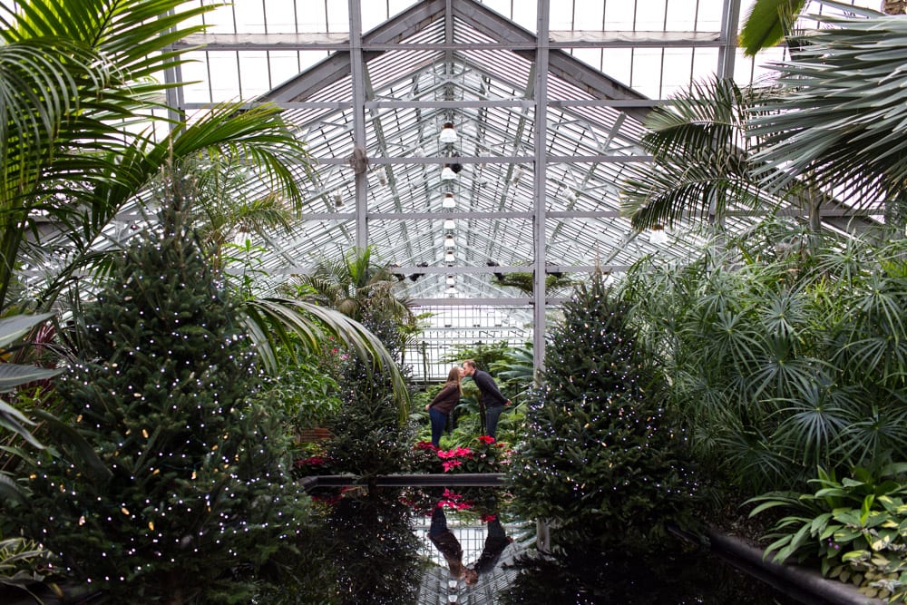 couple kissing by reflecting pool at Garfield Park Conservatory