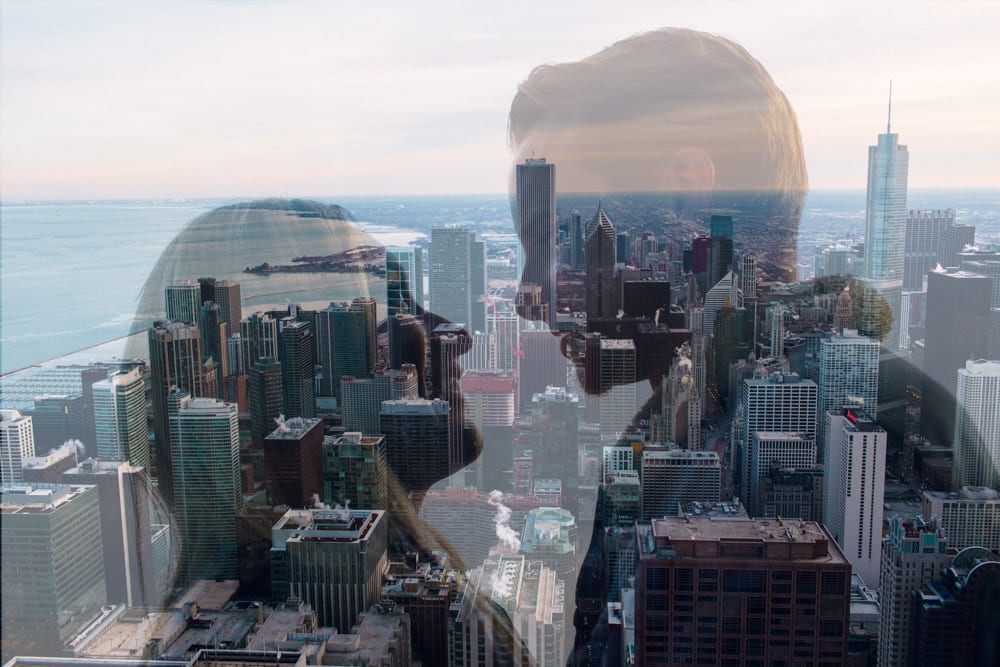 double exposure couple with Chicago skyline