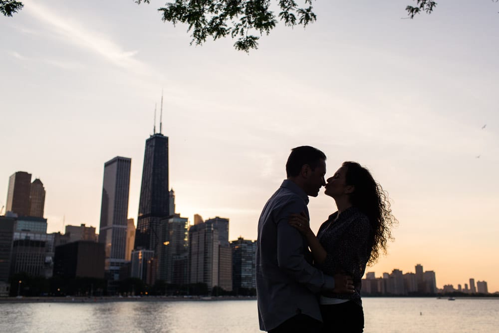 Chicago engagement session at dusk with skyline