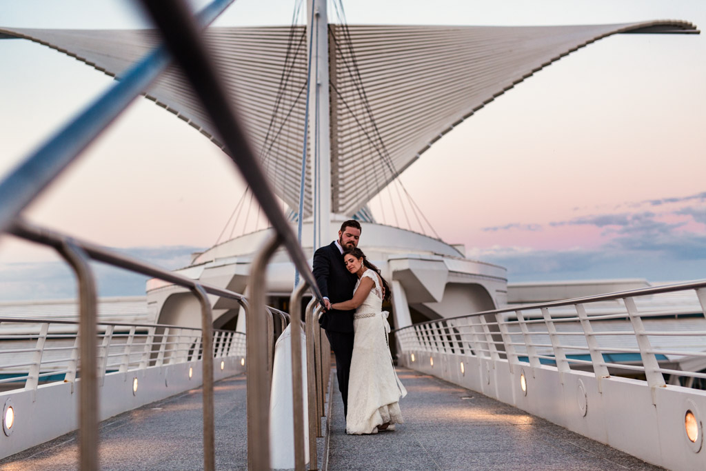 Downtown Milwaukee Art Museum wedding photo on Calatrava bridge at sunset