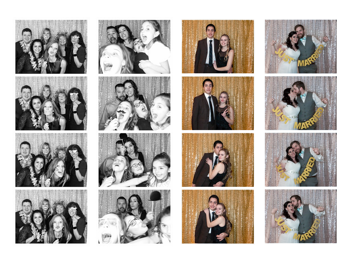 Photo Booth strips in color and black and white with sequin backdrop