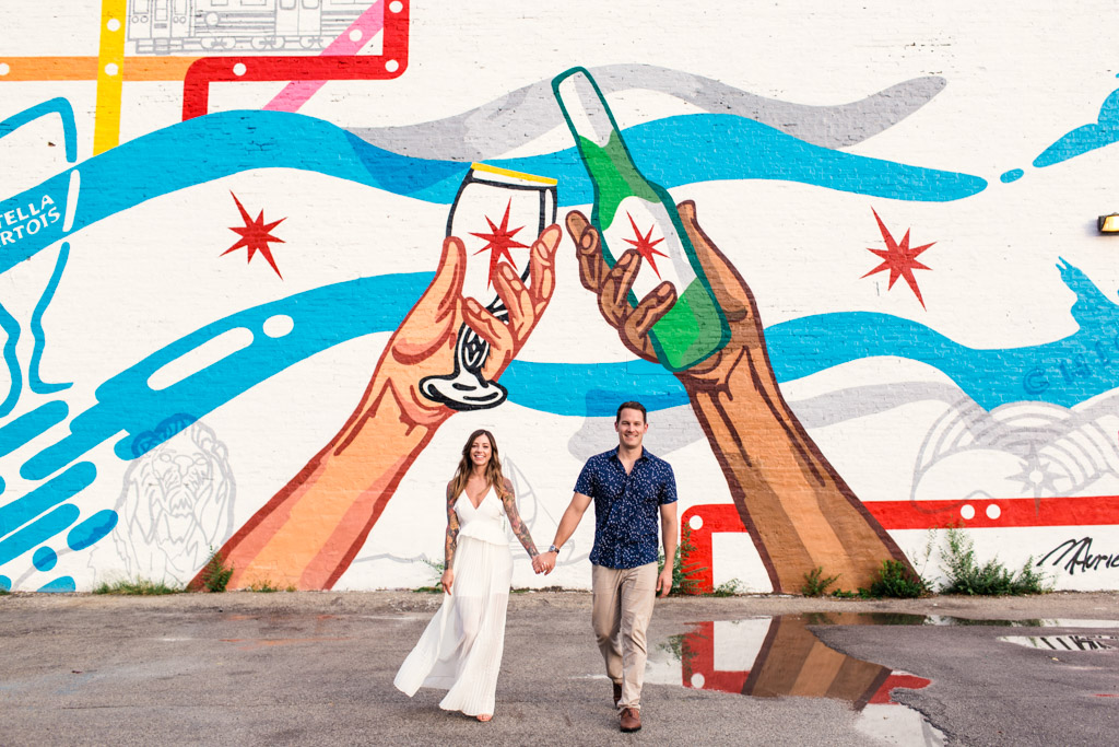 Summer Chicago engagement session with Chicago flag mural