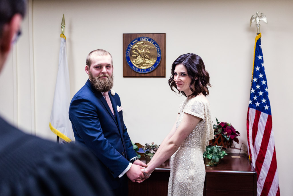 Bride and groom at Cook County Marriage Court for their surprise Chicago elopement
