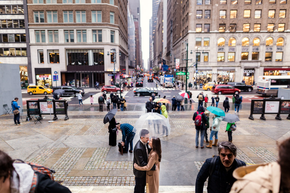 Romantic New York City engagement session in the rain at New York Public Library