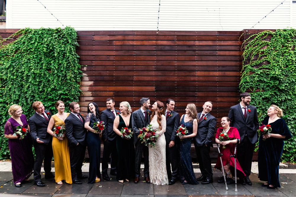 Fall wedding party in jewel tones at rainy day wedding at The Joinery Chicago in Logan Square