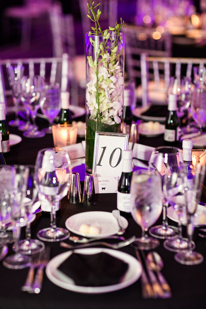 Black and white wedding reception detail with candlelight at Loews Chicago hotel