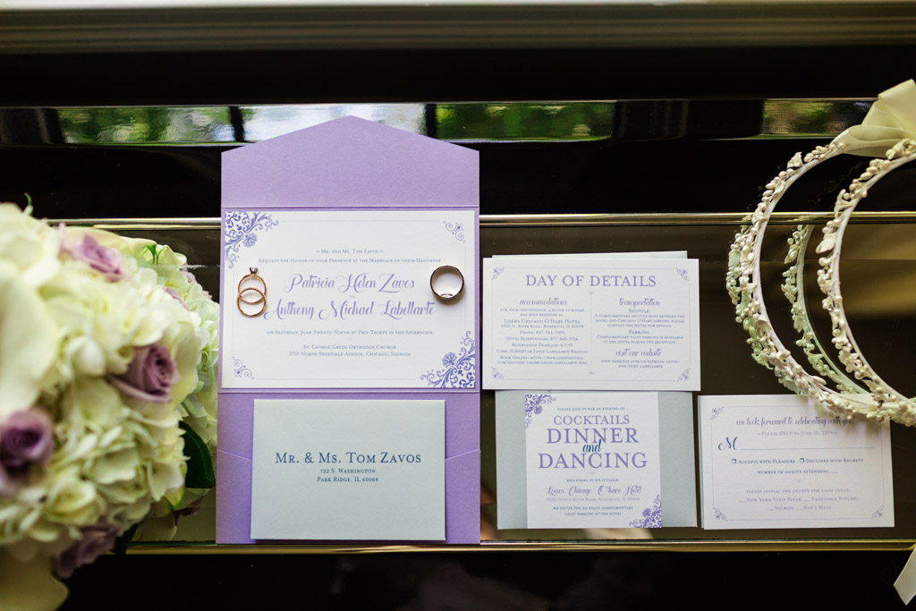 Lavender and blue invitation suite for Greek Orthodox wedding and reception at Loews Chicago Hotel