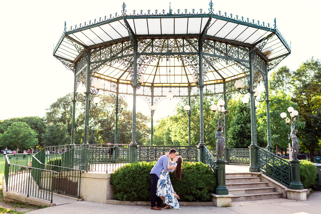 Romantic Lincoln Square engagement photo with gazebo at Welles Park