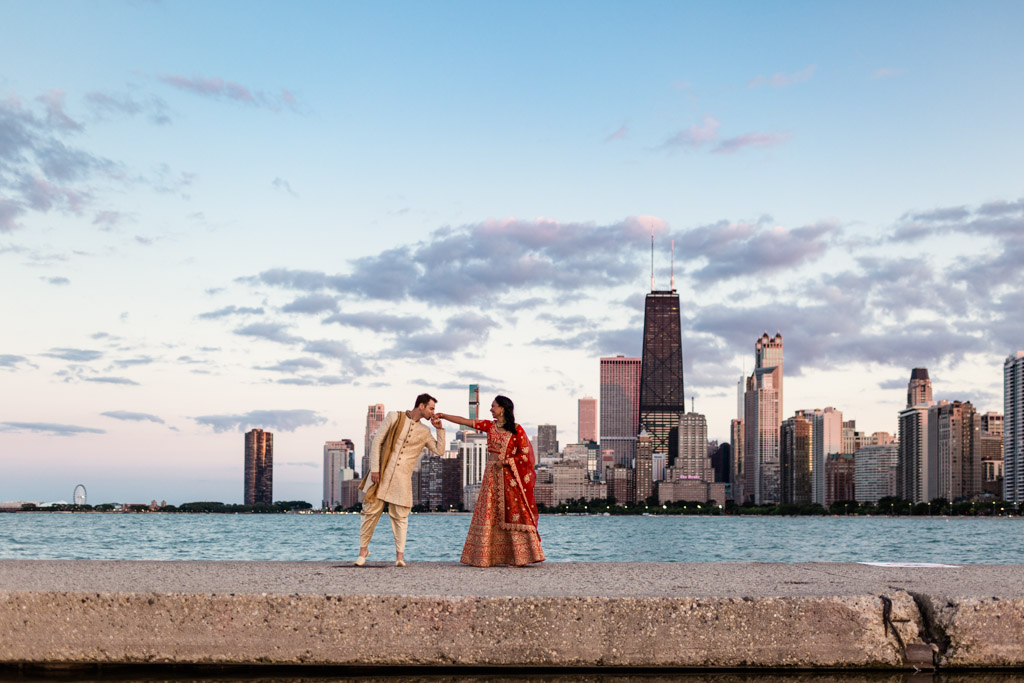 Chicago Indian wedding photo at North Avenue Beach with skyline view