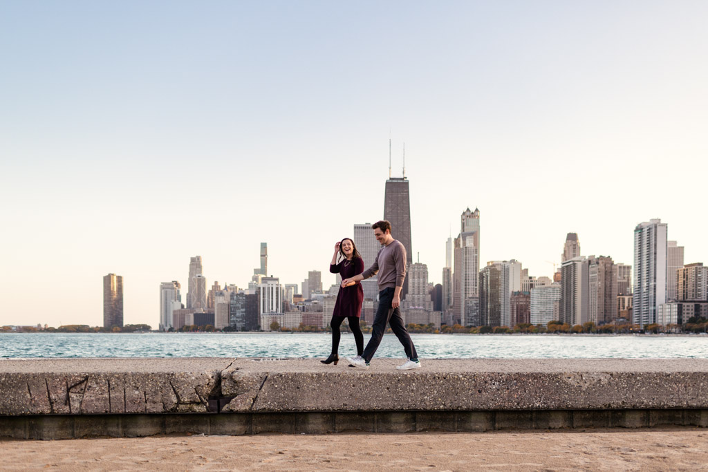 Romantic Chicago lakefront engagement session with skyline