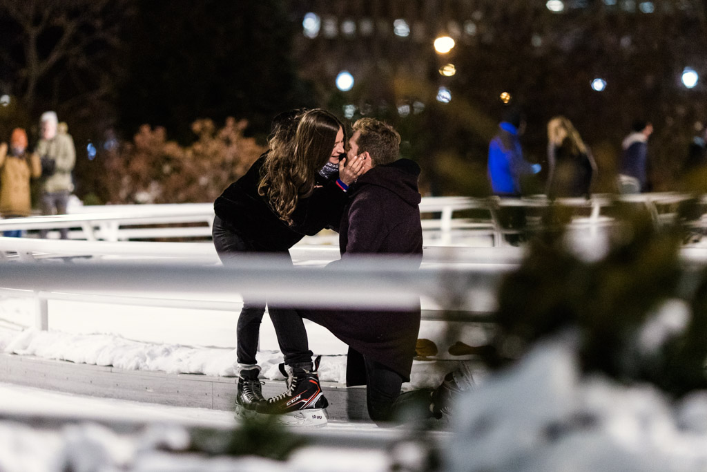 Surprise Chicago ice skating proposal at Maggie Daley Skating Ribbon