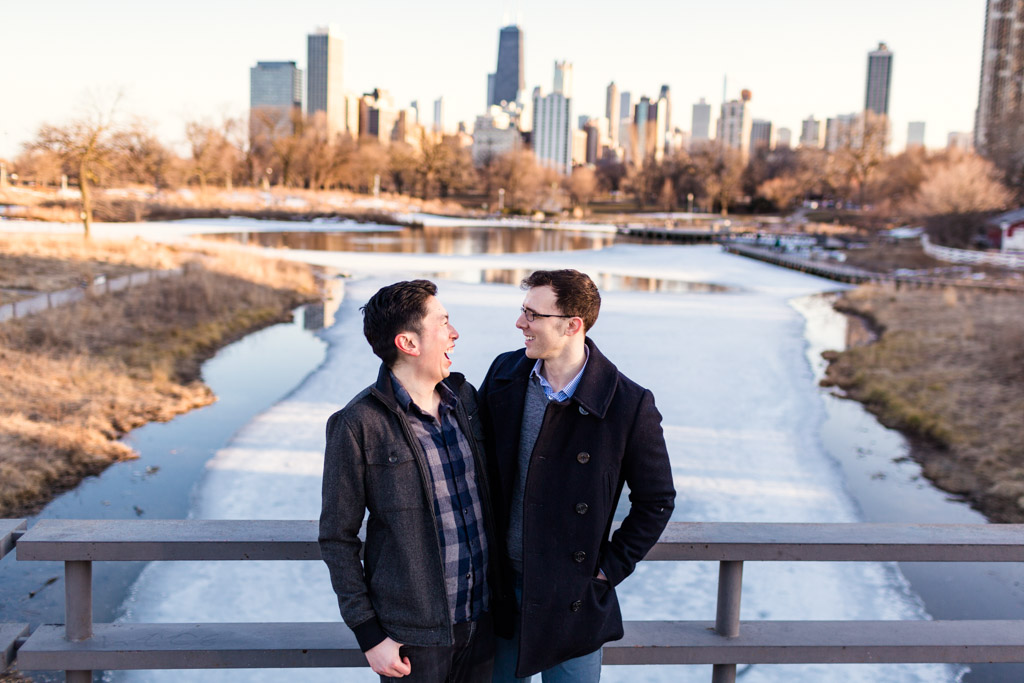 Surprise proposal at Lincoln Park bridge with Chicago skyline