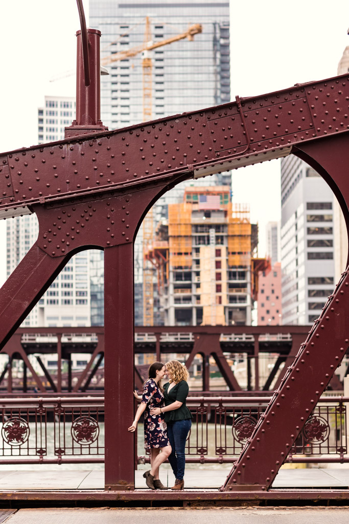 Downtown Chicago engagement photo at LaSalle Bridge