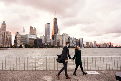Fall Chicago engagement at Olive Park with pink clouds and Chicago skyline