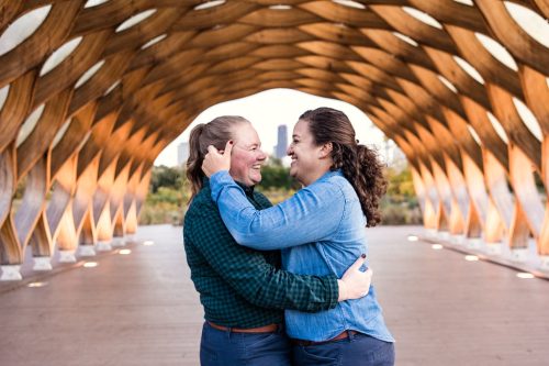 Romantic fall engagement photo of couple underneath Lincoln Park Honeycomb
