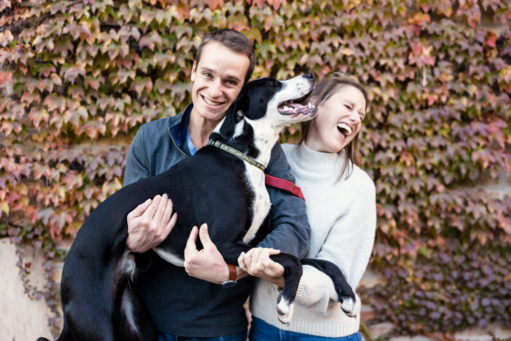 Candid photo of couple laughing with their dog in front of fall foliage during Roscoe Village engagement session