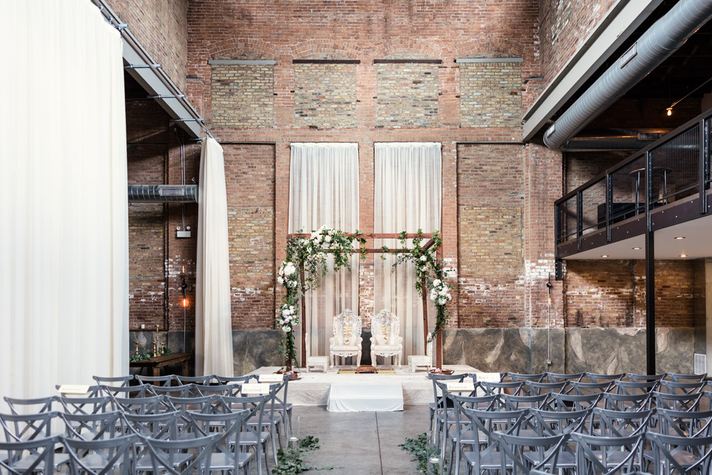 Ceremony space with floral mandap at Fairlie Chicago wedding venue