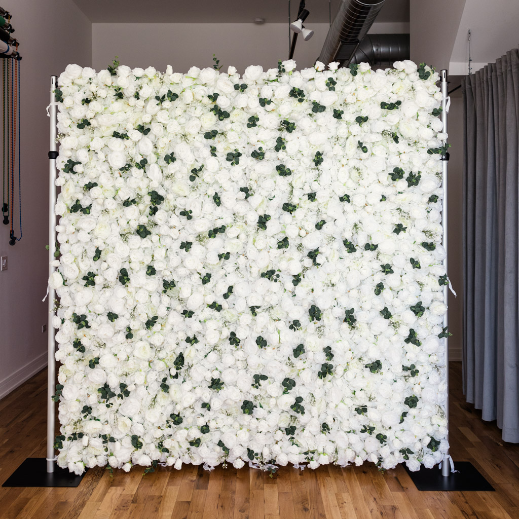 Custom white rose flower wall backdrop option for Chicago photo booth by Emma Mullins Photography