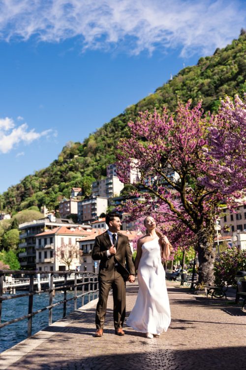 Creative photo of bride and groom in morning light after their Lake Como, Italy elopement
