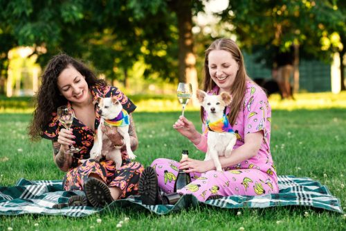 Engagement photo of couple wearing colorful jumpsuits sitting on picnic blanket in Humboldt Park drinking champagne with their two small dogs wearing rainbow bandannas