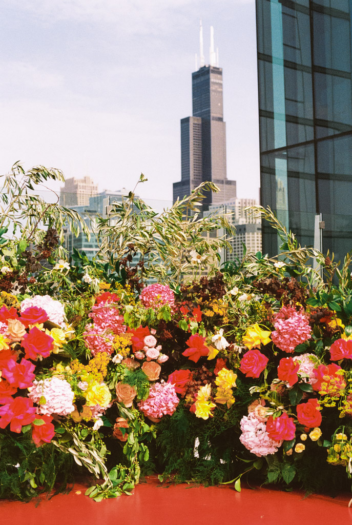 Captured through the nostalgic lens of film photography, vibrant flowers bloom against a city skyline, with towering buildings standing majestically in the background.