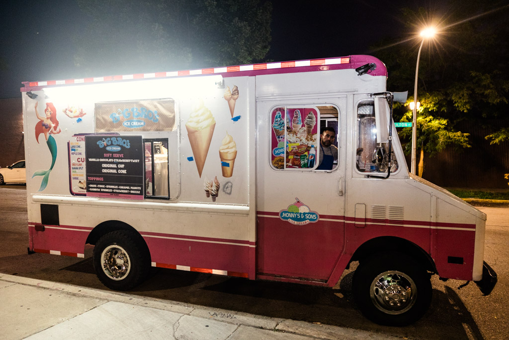 The pink and white big Bro's ice cream truck parked outside Ovation Chicago wedding reception
