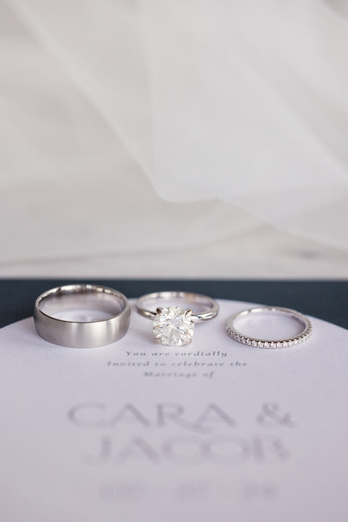 Detail photo of wedding rings resting on an invitation
