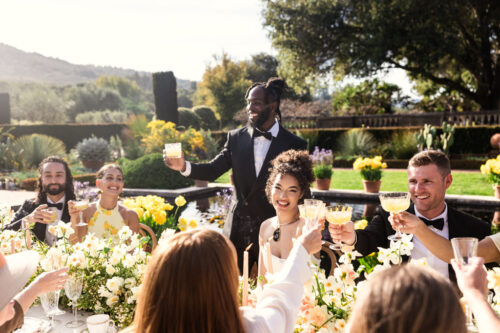 Groom leads guests in a toast at an outdoor wedding reception at Filoli Historic House & Gardens