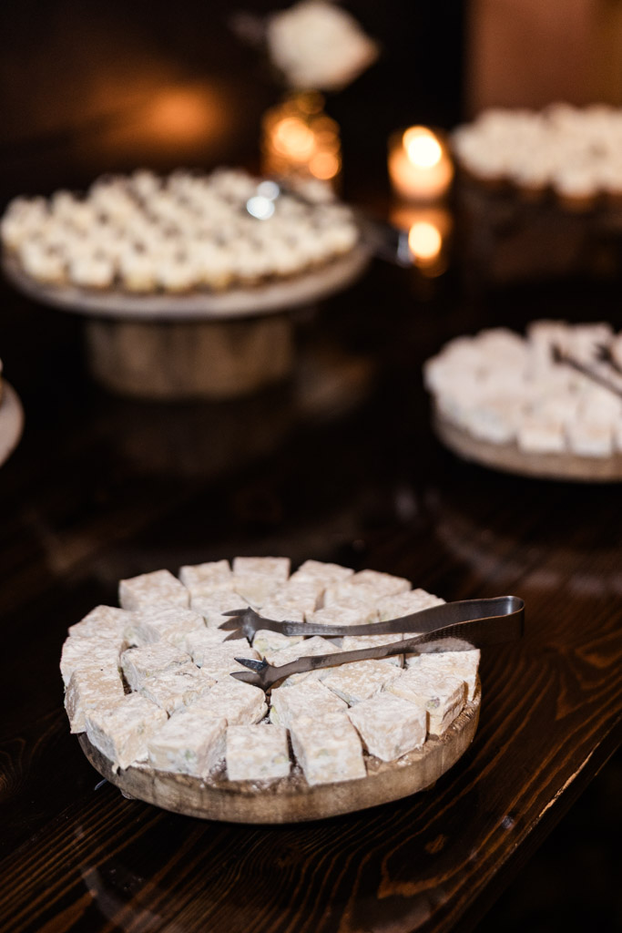 Round wooden dessert trays for wedding reception at Chicago Winery