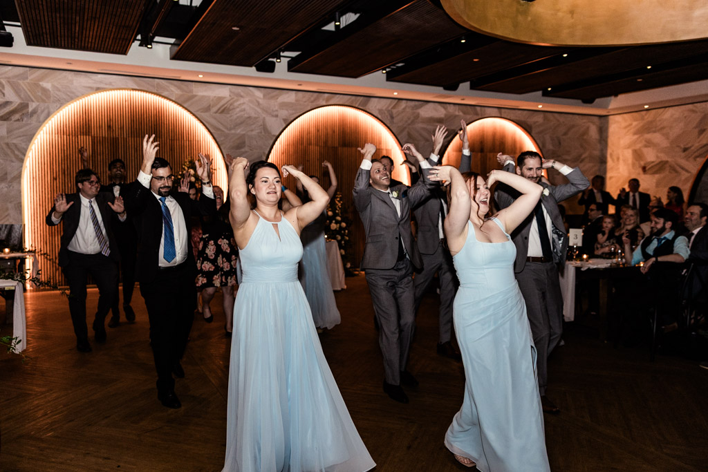 Bridesmaids, groomsmen and guests perform a coordinated dance at Chicago Winery wedding reception