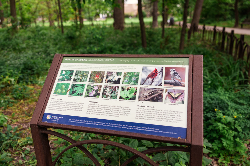 Informational sign about Austin Gardens’ woodland habitat, surrounded by lush green trees and vegetation