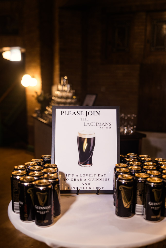Custom Guinness-themed welcome sign for spring Cafe Brauer wedding reception