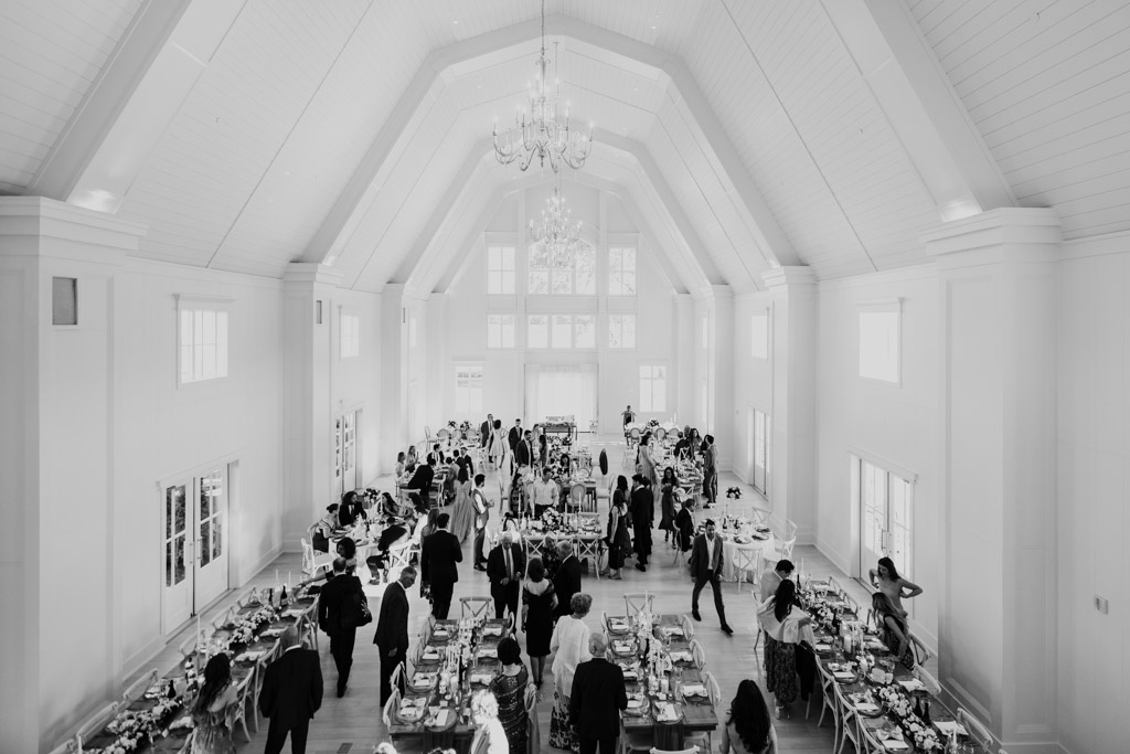 Black and white photo of wedding reception space at Être Farms