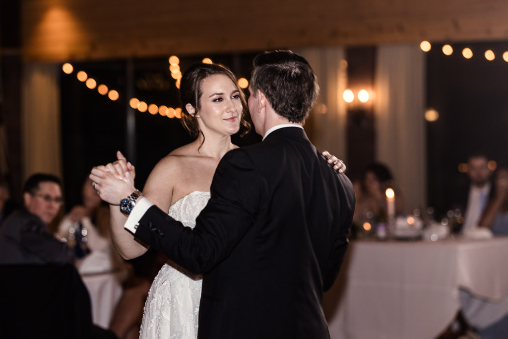 Bride and groom during their first dance at their Kemper Lakes Golf Club wedding reception