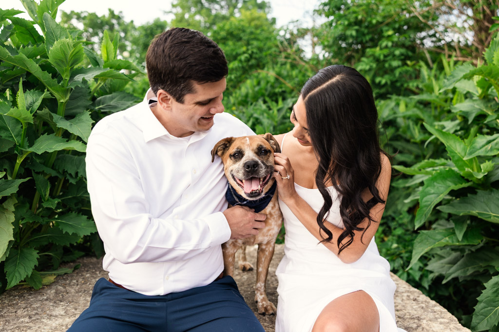 A smiling couple sits outdoors with their happy brown dog between them, surrounded by lush green plants during Lincoln Park engagement session