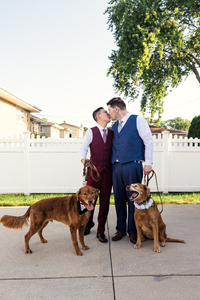 Two grooms in suits kiss outside their home , each holding a leashed dog; both dogs wear charming wedding accessories