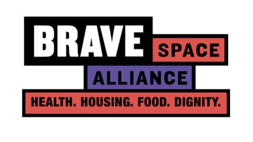 Text logo: "Brave Space Alliance. Health. Housing. Food. Dignity." on colored blocks with bold font—styled like a Chicago wedding photographer's modern branding.
