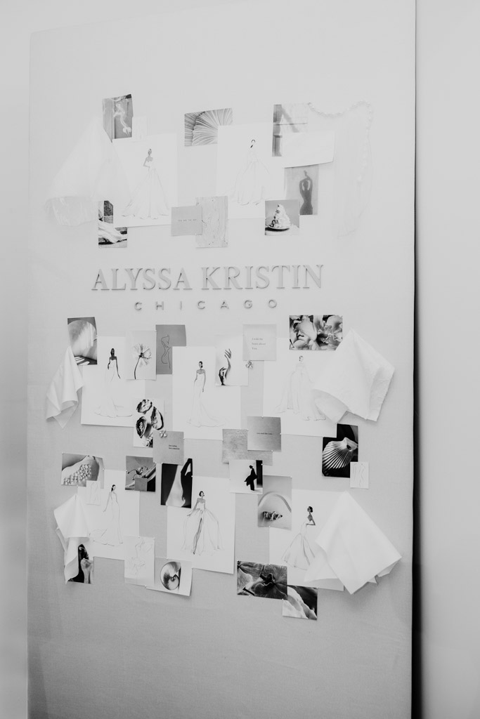 A mood board with fabric swatches, sketches, and photos labeled