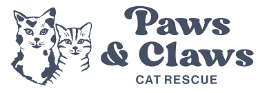 Logo with two illustrated cats and the text "Paws & Claws Cat Rescue" in bold, dark blue letters—perfect for a Chicago wedding photographer who loves pets.