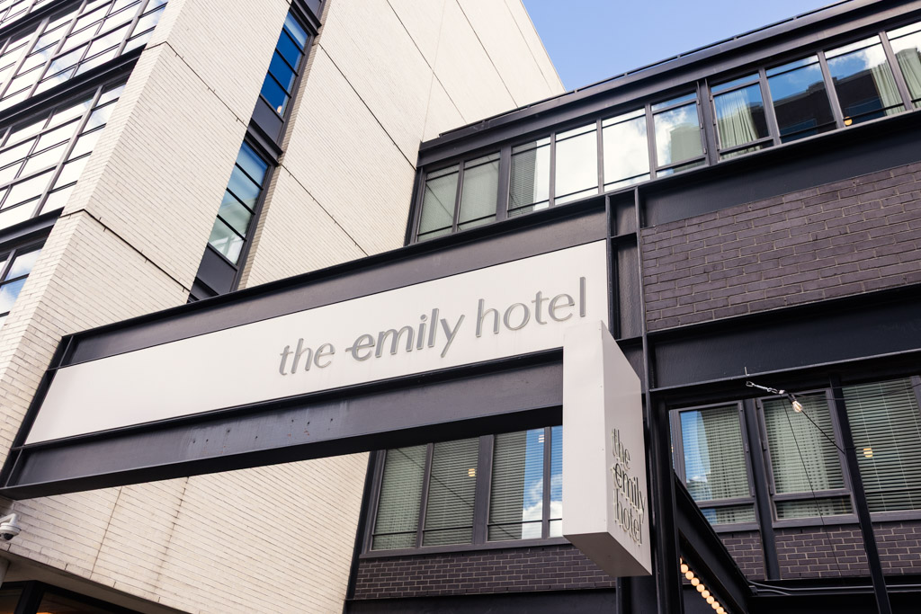 Front facade of the Emily Hotel in Chicago's West Loop