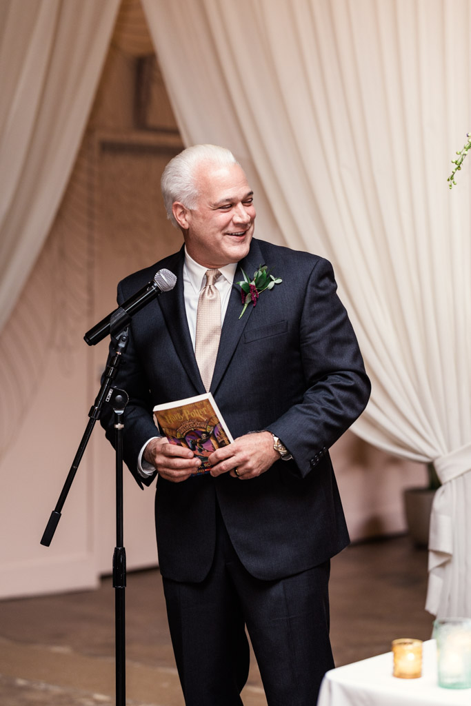 Bride's father gives speech during wedding reception at The Arbory Chicago