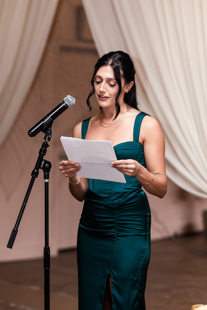 Maid of Honor gives speech during wedding reception at The Arbory Chicago