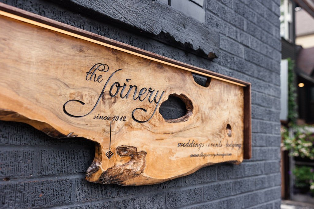 Sign for The Joinery wedding venue in Chicago