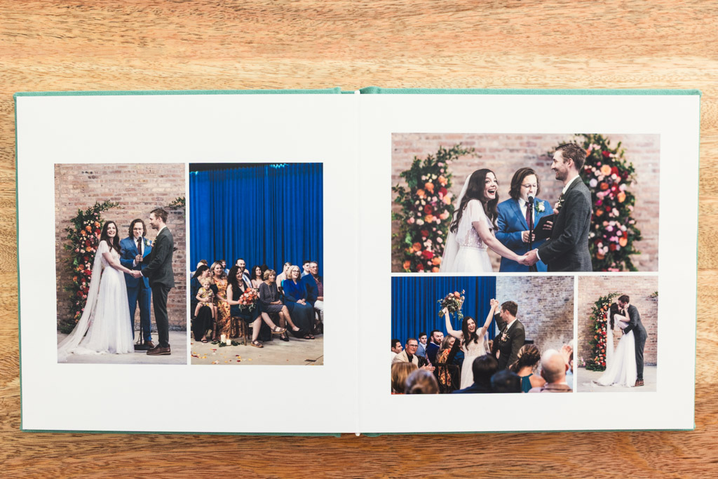 A wedding photo album open to pages capturing the couple’s wedding day experience and guests joyfully celebrating.