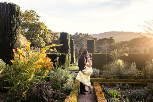 A couple embraces in a sunlit garden surrounded by lush greenery and manicured hedges.