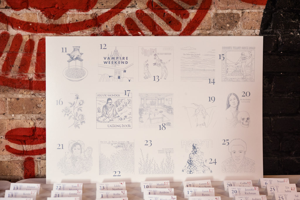 Custom poster with hand-drawn illustrations on escort card table for Lacuna Lofts wedding reception