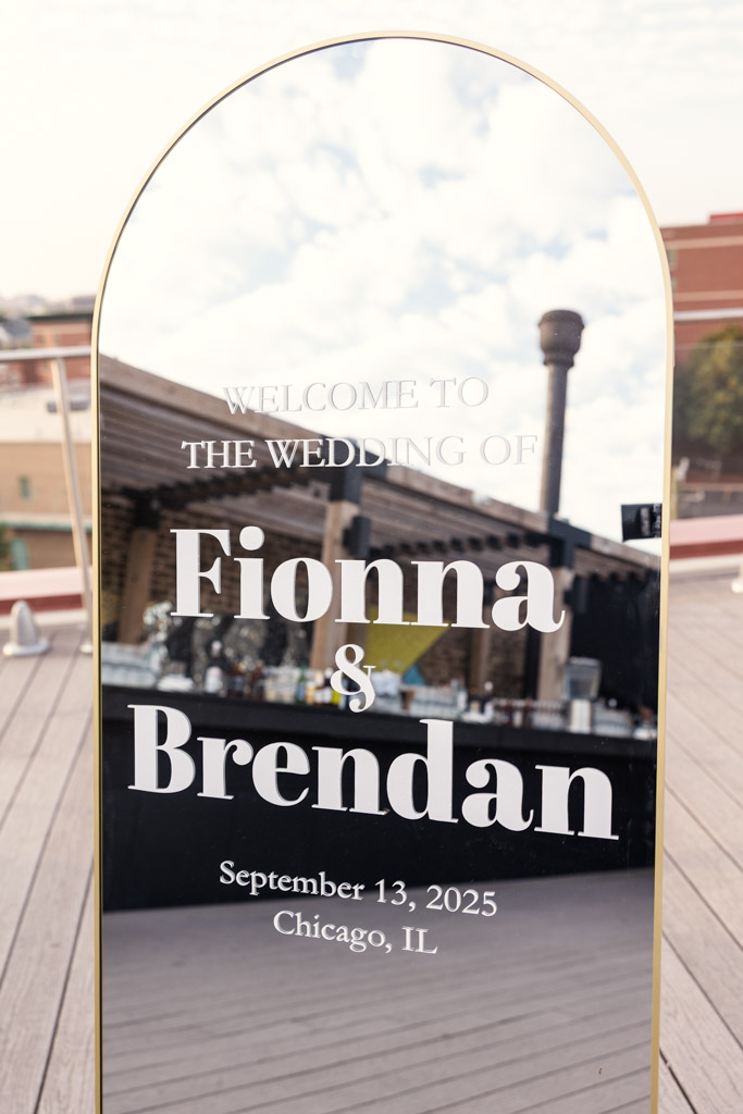 Mirrored wedding welcome sign for celebration at Lacuna Lofts
