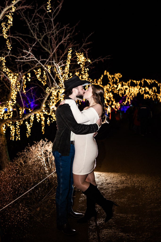 Engaged couple embraces and smiles at each other under trees decorated with glowing string lights at Chicago Botanic Garden's Lightscape