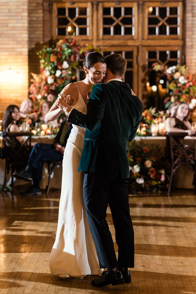 Bride and groom share a first dance during their Cafe Brauer wedding reception